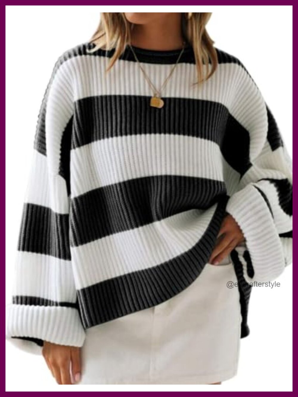 Oversized Striped Knit Sweater Pullover Flared Long Sleeve Crew Neck Soft